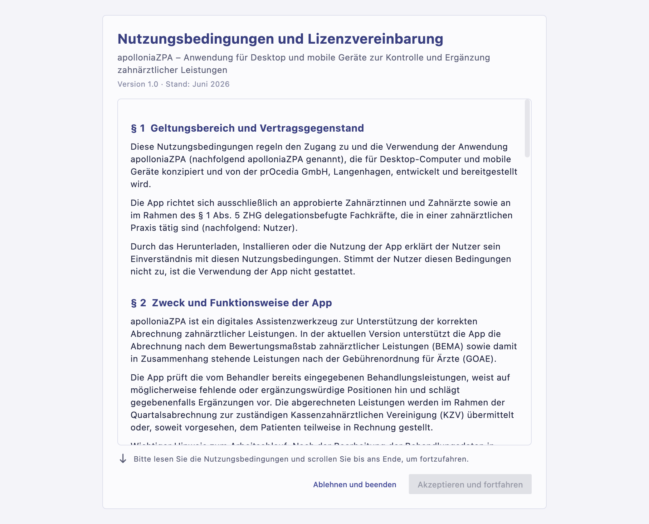 Nutzungsbedingungen beim ersten Start